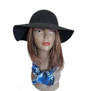H&M Black Wool Floppy Hat Black Braided Band Gold Leaf Charms Women Size Large